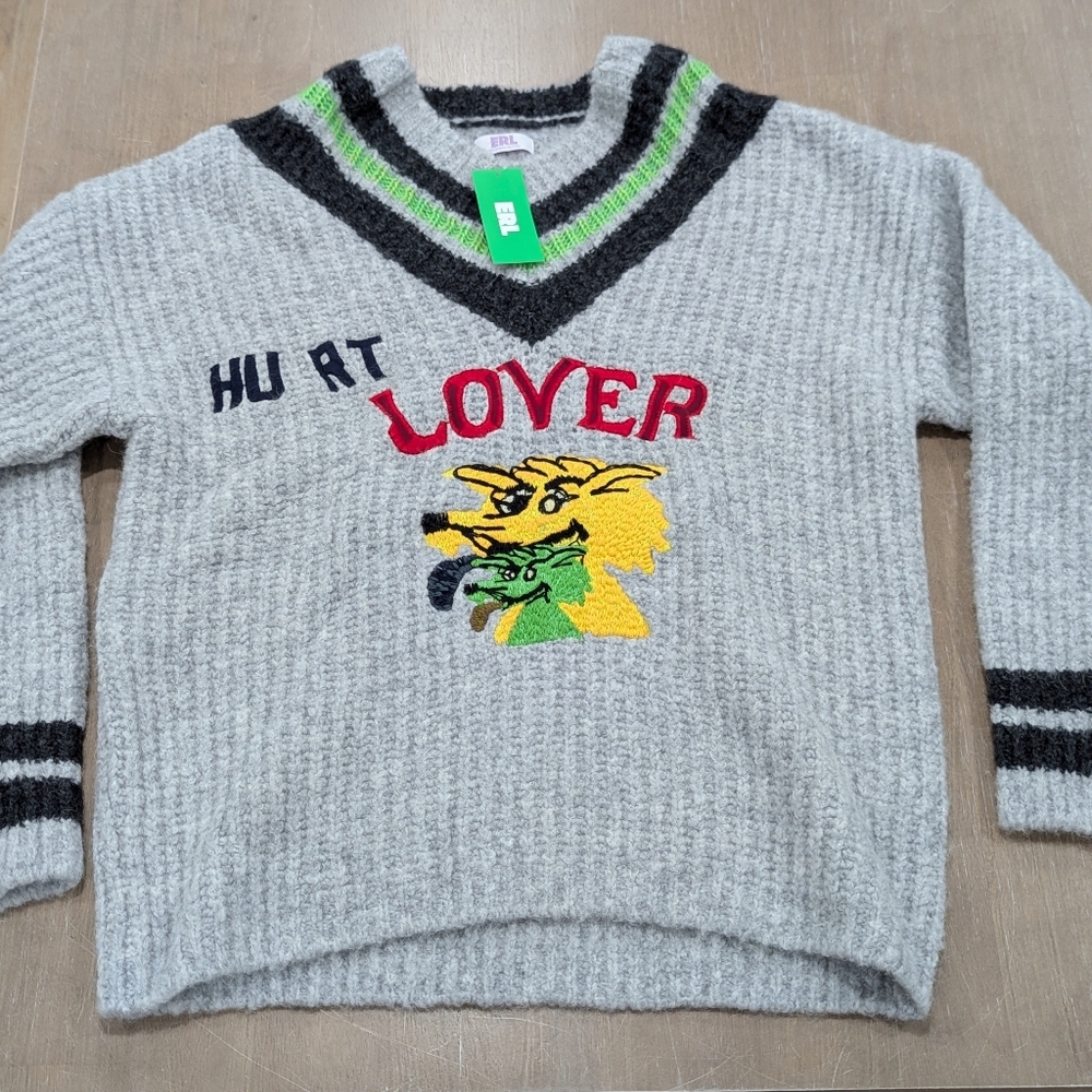 $750 Mens ERL "Hurt Lover" Wool Blend V-Neck Sweater Gray Melange Large